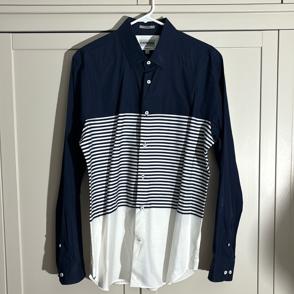 Express fitted dress shirt color blocking/striped